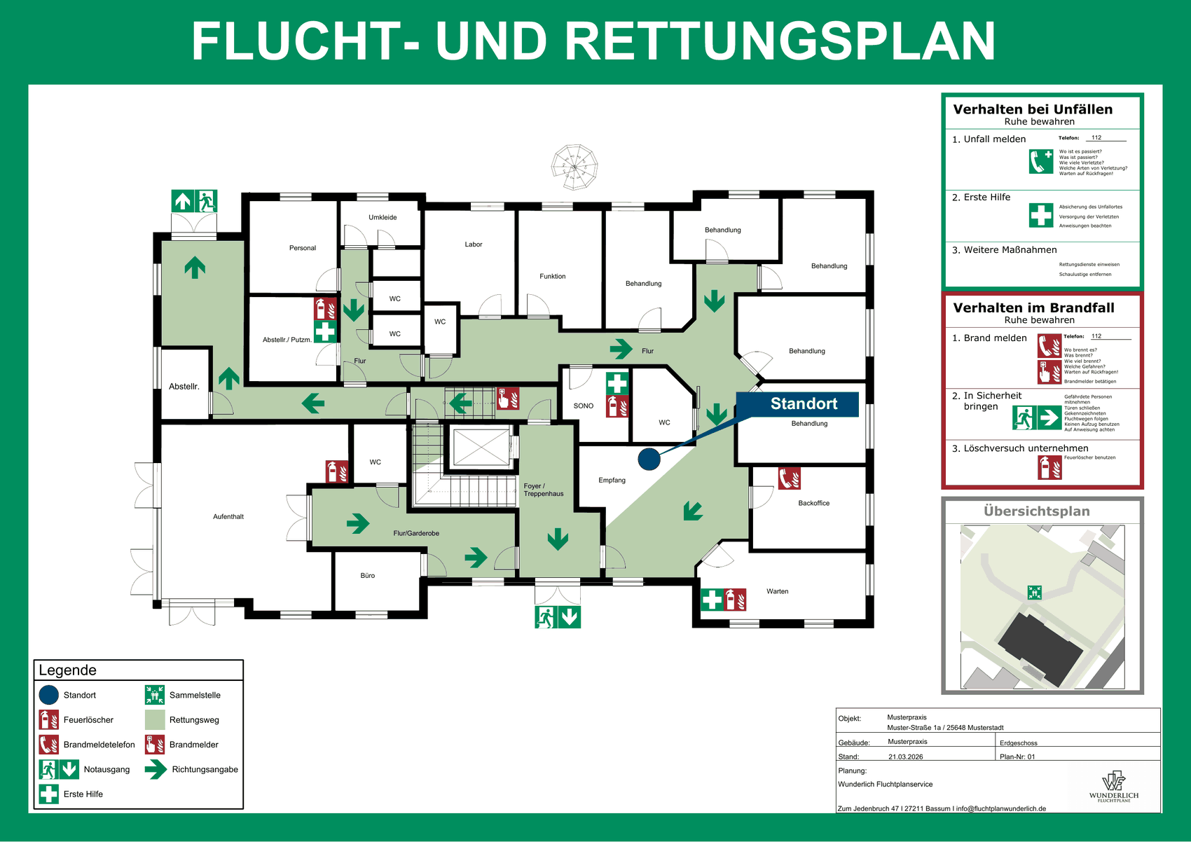 Flucht- und Rettungsplan einer Musterpraxis nach DIN ISO 23601 mit Rettungswegen, Notausgängen, Feuerlöschern, Brandmeldern, Erste-Hilfe-Einrichtungen, Standortkennzeichnung, Legende und Verhaltensregeln